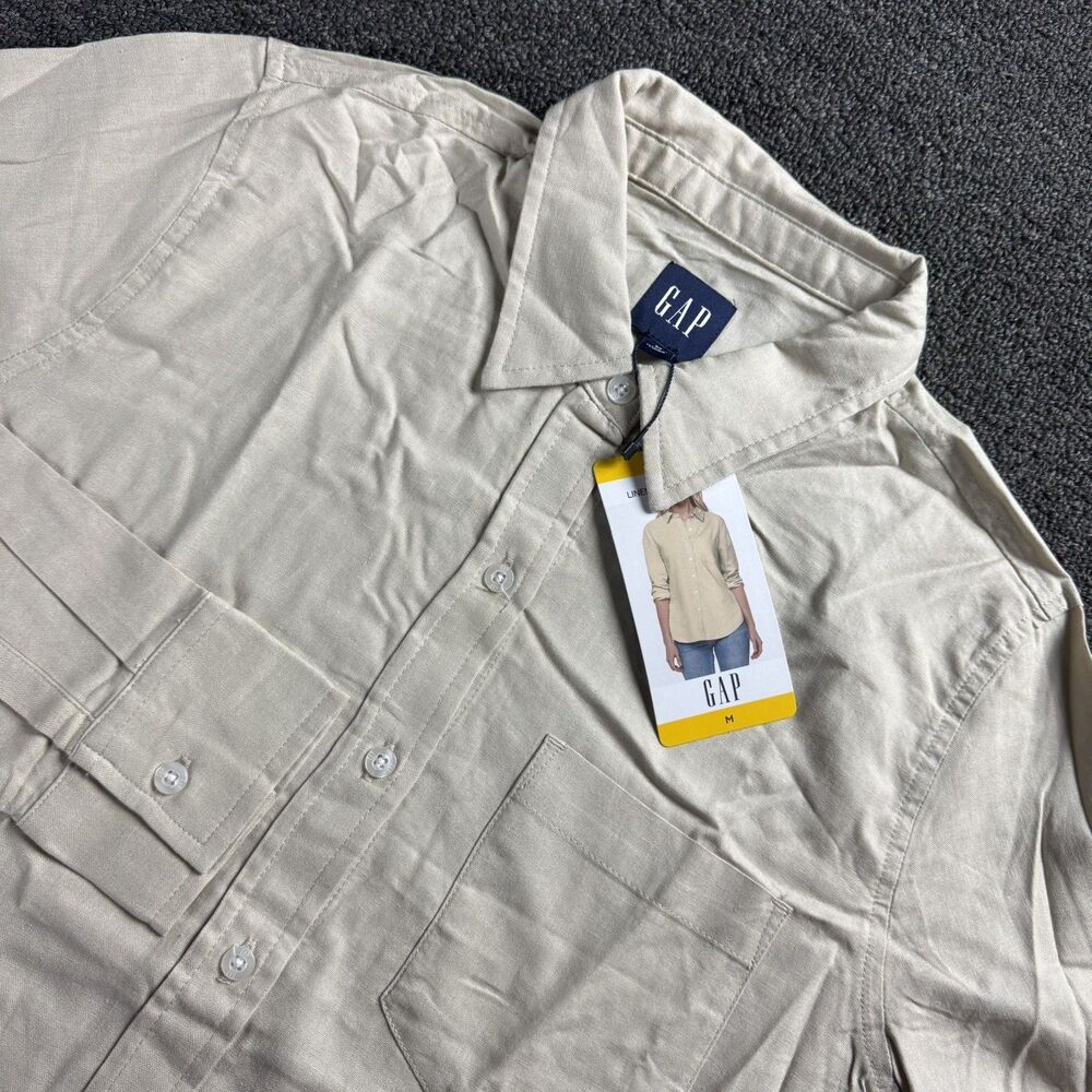Gap Women's Linen Blend Button Down Shirt Long Sleeve Relaxed Fit Size M Khaki